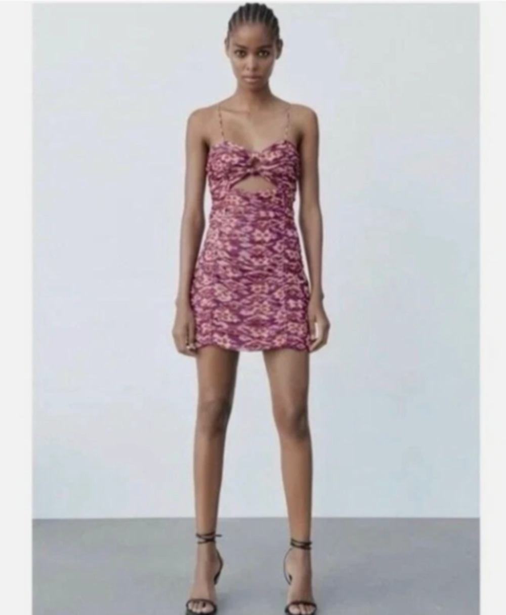 Zara Dress XS Purple Ruched Floral Cut Out Knotted Spaghetti Strap Draping Boho
